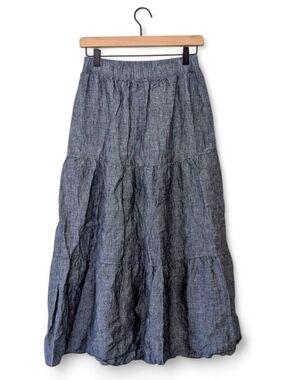 Falconeri Linen Maxi Skirt Size S Tiered Dark Chambray Blue Quiet Luxury NWOT